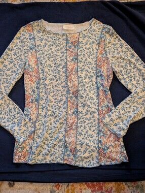 Sugarfox Women's L Floral Patchwork Long-Sleeve Tee in Blue Cream Boho Layer